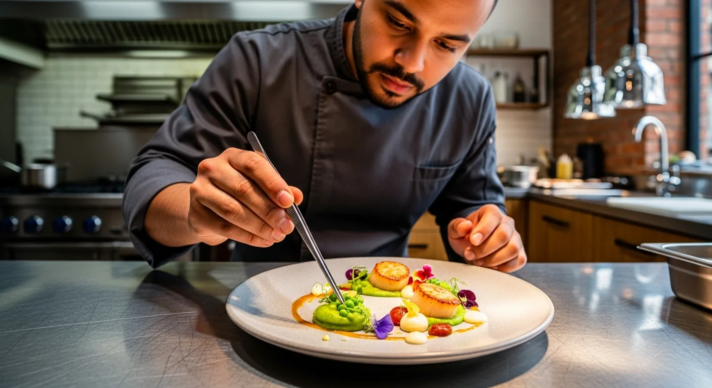Professional chef plating a dish in a restaurant kitchen
